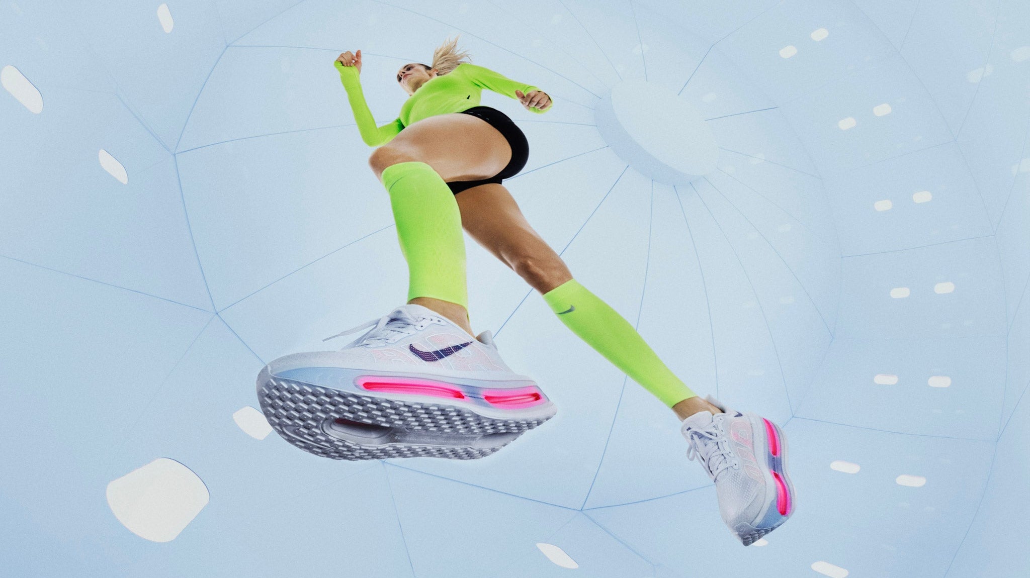 Close-up of a runner massaging their calf and arch after a workout, with supportive shoes and recovery slides nearby.