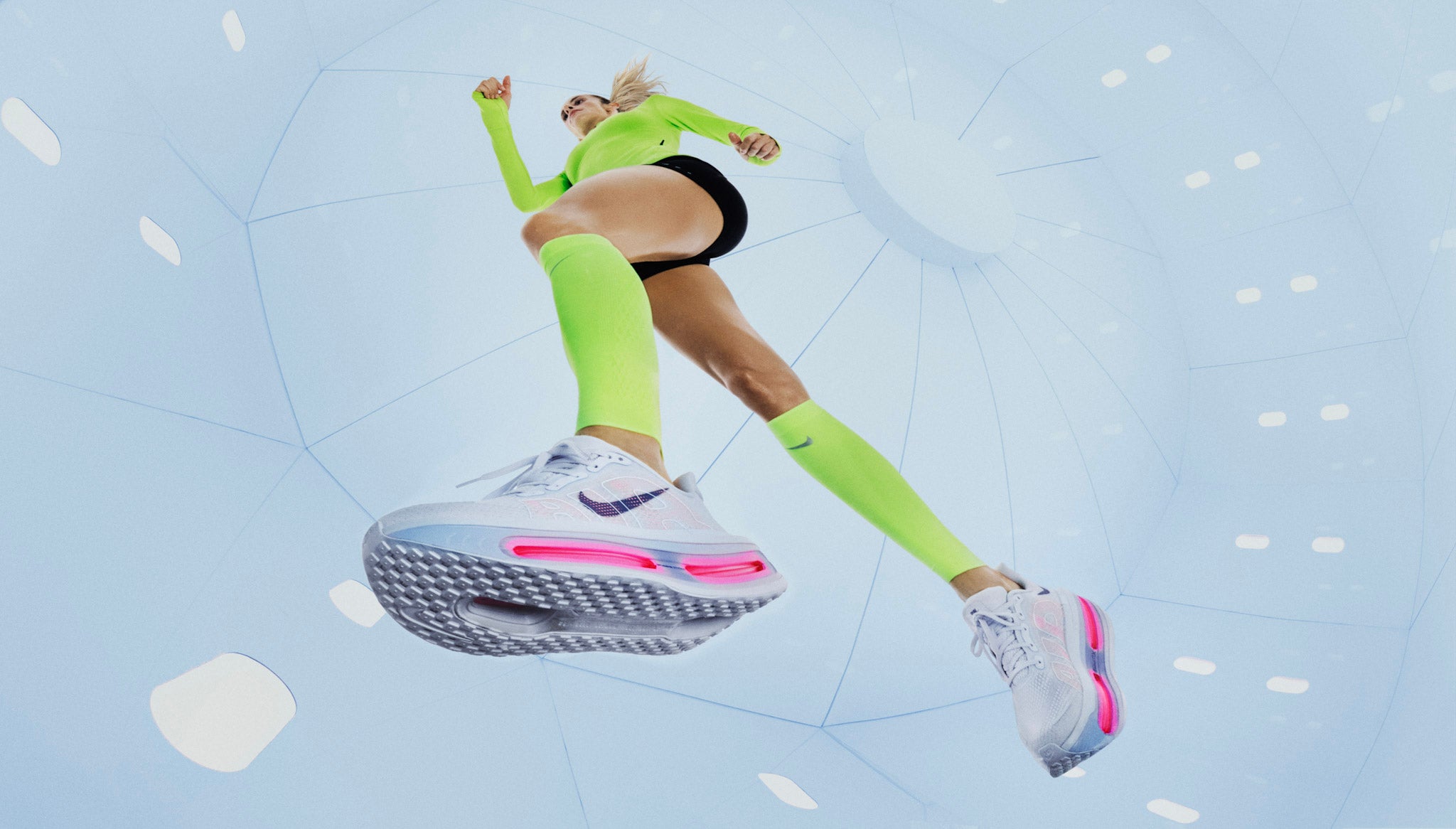 Close-up of a runner massaging their calf and arch after a workout, with supportive shoes and recovery slides nearby.