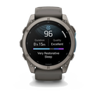 Garmin Fenix 9 sport watch in Titanium with Pebble Gray Band, front view with sleep score display