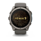 Garmin Fenix 9 sport watch in Titanium with Pebble Gray Band, front view with Fenix 9 display