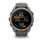 Garmin Fenix 9 sport watch in Titanium with Pebble Gray Band, front view with stamina and heart rate display