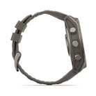 Garmin Fenix 9 sport watch in Titanium with Pebble Gray Band, side view