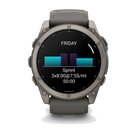 Garmin Fenix 9 sport watch in Titanium with Pebble Gray Band, front view with sprint workout display