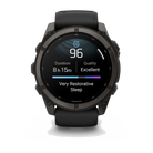 Garmin fēnix 9 smartwatch in Carbon Gray DLC Titanium with Black Band, front view showing sleep score