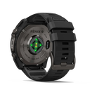 Garmin fēnix 9 smartwatch in Carbon Gray DLC Titanium with Black Band, rear view with sensor array