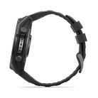 Garmin fēnix 9 smartwatch in Carbon Gray DLC Titanium with Black Band, left side view