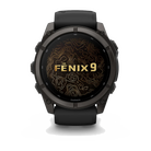 Garmin fēnix 9 smartwatch in Carbon Gray DLC Titanium with Black Band, front view with fēnix 9 display