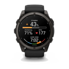 Garmin fēnix 9 smartwatch in Carbon Gray DLC Titanium with Black Band, front view showing stamina and heart rate data