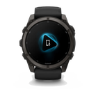 Garmin fēnix 9 smartwatch in Carbon Gray DLC Titanium with Black Band, front view showing voice feature