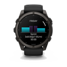 Garmin fēnix 9 smartwatch in Carbon Gray DLC Titanium with Black Band, front view showing sprint workout