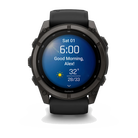 Garmin fēnix 9 smartwatch in Carbon Gray DLC Titanium with Black Band, front view showing morning report