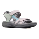 Clarks Mira Bay women's sandals in Grey/Green, angled lateral view
