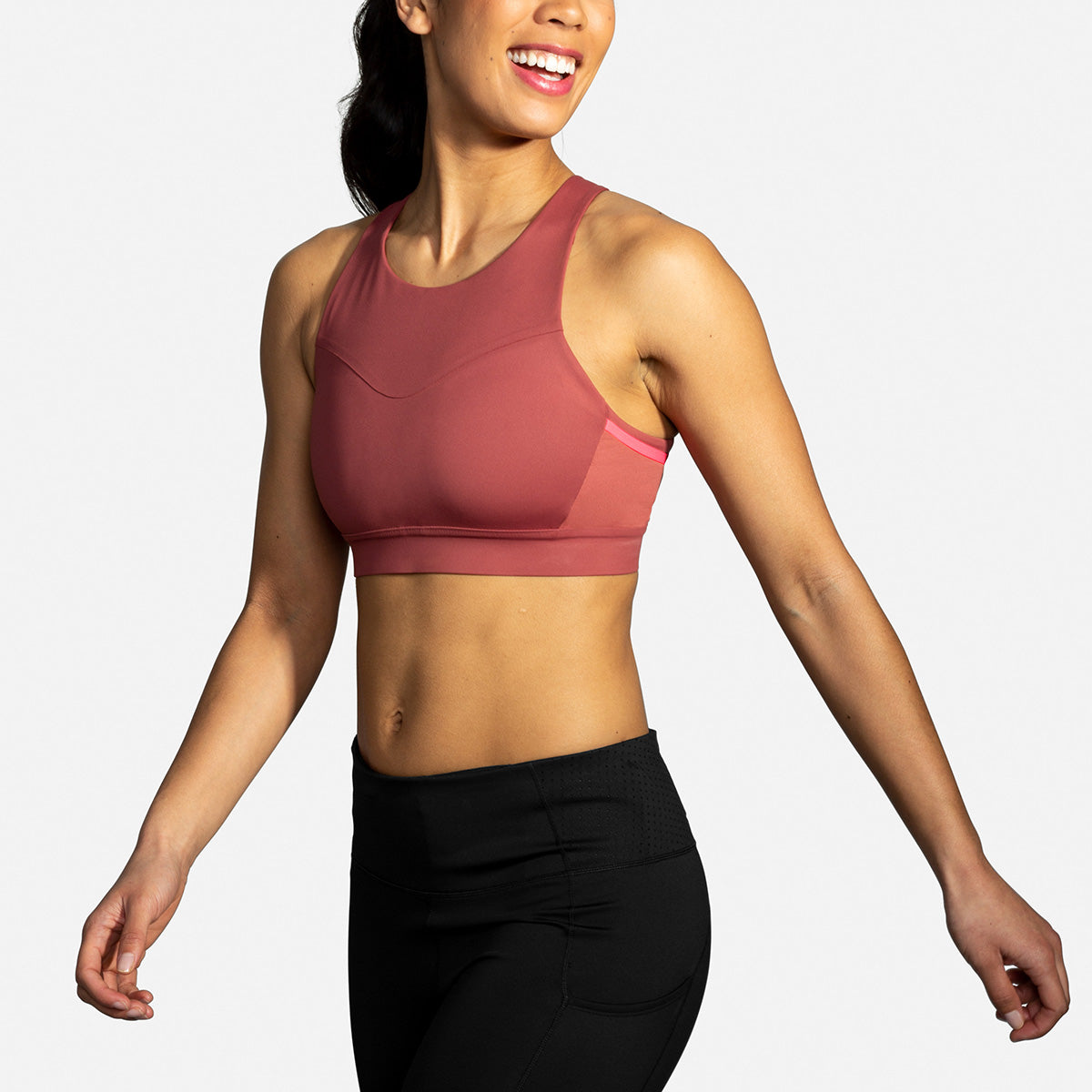 Brooks Drive 3 Pocket Run Bra - Terracotta - Fluoro Pink