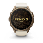 Garmin Fenix 9 Pro sportwatch in Autumn Gold Titanium with Cream/French Gray band, front view with Fenix 9 Pro display