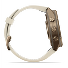 Garmin Fenix 9 Pro sportwatch in Autumn Gold Titanium with Cream/French Gray band, side view