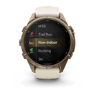 Garmin Fenix 9 Pro sportwatch in Autumn Gold Titanium with Cream/French Gray band, front view with activity selection