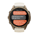  Garmin Fenix 9 Pro sportwatch in Autumn Gold Titanium with Cream/French Gray band, front view with messaging feature
