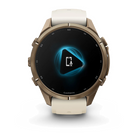 Garmin Fenix 9 Pro sportwatch in Autumn Gold Titanium with Cream/French Gray band, front view with communication feature
