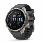 Garmin Fenix 9 Pro sportwatch in Titanium with Graphite/Black band, angled front view