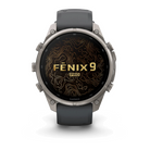 Garmin Fenix 9 Pro sportwatch in Titanium with Graphite/Black band, front view with Fenix 9 Pro display