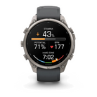 Garmin Fenix 9 Pro sportwatch in Titanium with Graphite/Black band, front view with stamina metrics