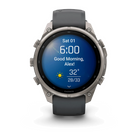 Garmin fēnix 9 Pro smartwatch in Titanium with Graphite/Black band, morning report display