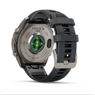 Garmin fēnix 9 Pro smartwatch in Titanium with Graphite/Black band, rear sensor view