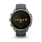 Garmin fēnix 9 Pro smartwatch in Titanium with Graphite/Black band, front view with fēnix 9 Pro display