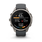 Garmin fēnix 9 Pro smartwatch in Titanium with Graphite/Black band, front view with stamina metrics