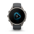 Garmin fēnix 9 Pro smartwatch in Titanium with Graphite/Black band, front view with voice feature display