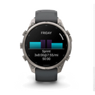 Garmin fēnix 9 Pro smartwatch in Titanium with Graphite/Black band, front view with sprint workout display