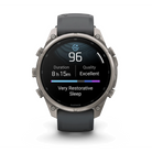 Garmin fēnix 9 Pro smartwatch in Titanium with Graphite/Black band, front view with sleep report