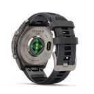 Garmin fēnix 9 Pro smartwatch in Titanium with Graphite/Black band, rear view with sensor and buckle